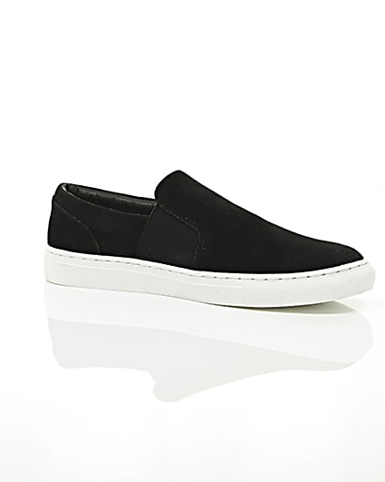360 degree animation of product Black perforated slip on plimsolls frame-8