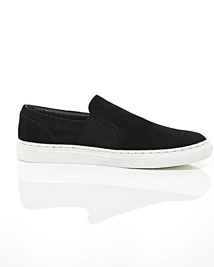 360 degree animation of product Black perforated slip on plimsolls frame-9