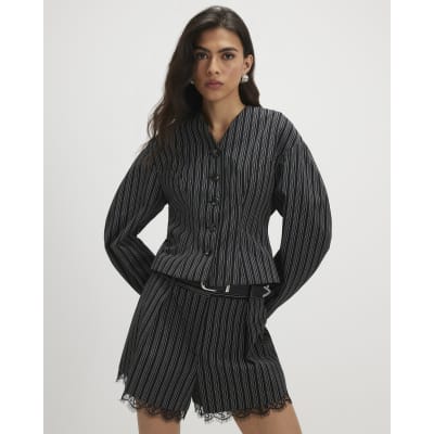 Black Pinstripe Cocoon Sleeve Jacket