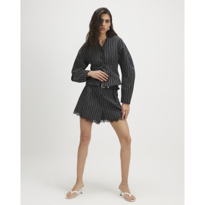 Black Pinstripe Lace Trim Shorts