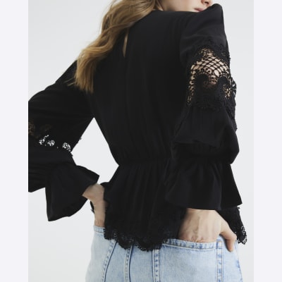 Black Pintuck Detail Peplum Blouse