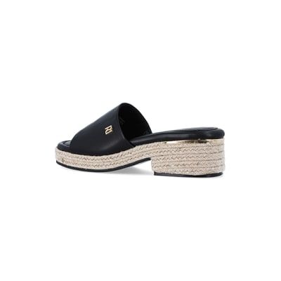 360 degree animation of product Black platform mule sandals frame-5