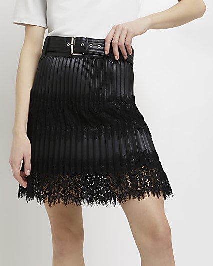 Black pleated lace detail mini skirt