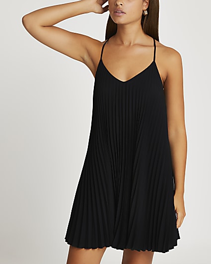 Black pleated sleeveless mini slip dress