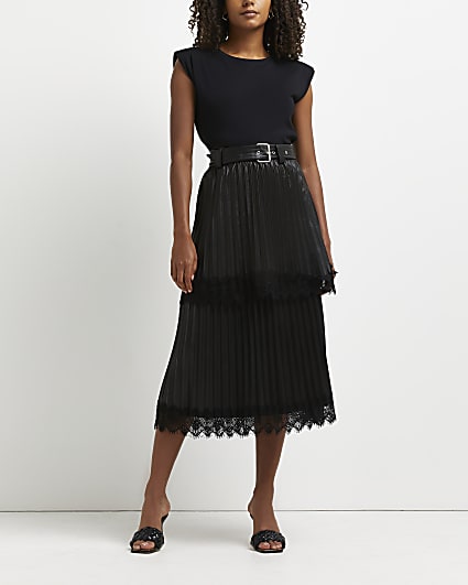 Black pleated tiered midi skirt