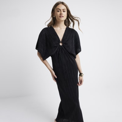 River Island Womens Black Plisse Batwing Sleeve Swing Maxi Dress