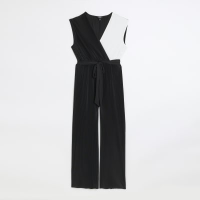 Black plisse belted wrap jumpsuit | River Island