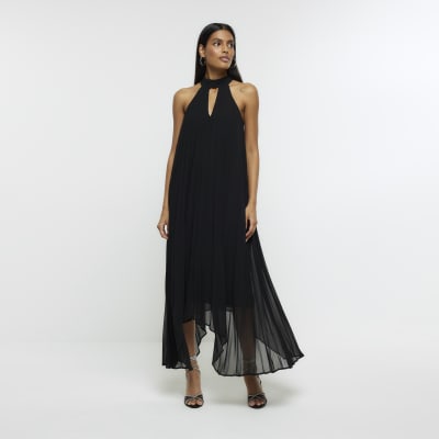 Black plisse choker slip midi dress | River Island