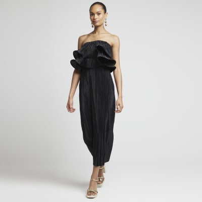 Black plisse frill bandeau midi dress River Island
