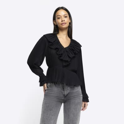 River Island Womens Black Plisse Frill Blouse