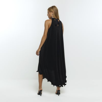 Black plisse frill hem slip midi dress River Island