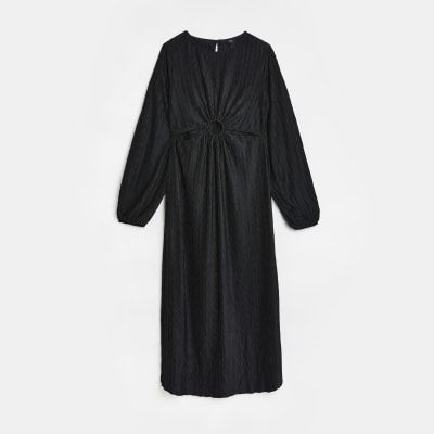 Black plisse long sleeve midi dress