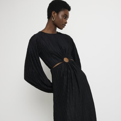 Black plisse long sleeve midi dress