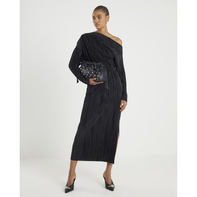 Black Plisse Long Sleeve Midi Dress