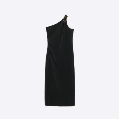 Black plisse one shoulder bodycon midi dress | River Island