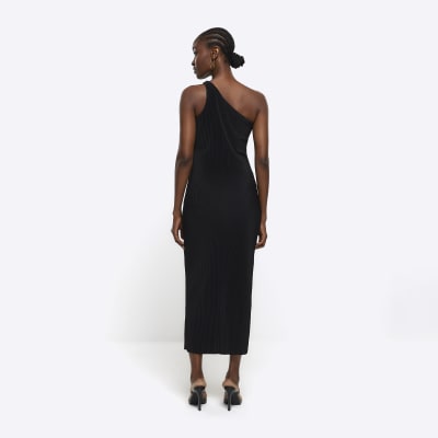 Black plisse one shoulder bodycon midi dress River Island