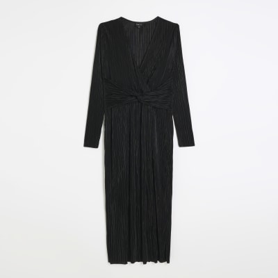 Black plisse plunge bodycon midi dress River Island