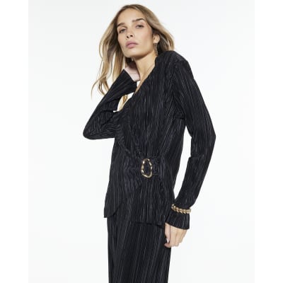 Black Plisse Trim Long Sleeve Top