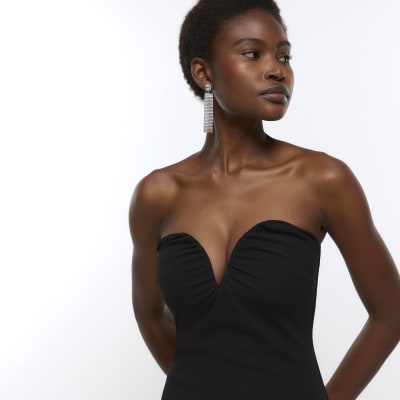 Black plunge bandeau bodycon midi dress River Island