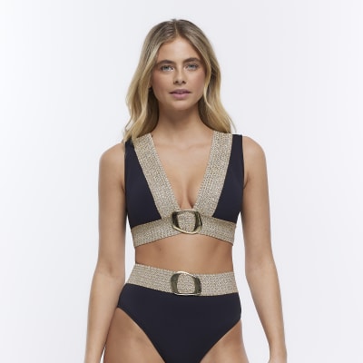 Black plunge buckle bikini top River Island