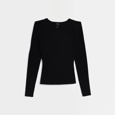 Black plunge long sleeve top