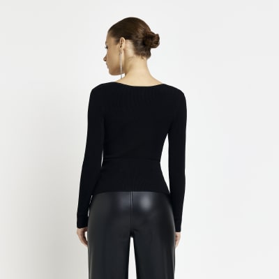 Black plunge long sleeve top