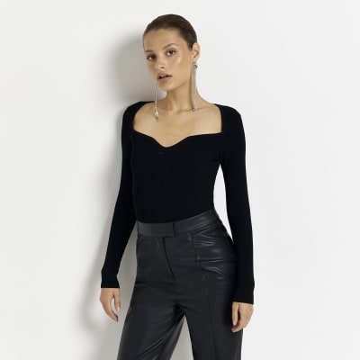 Black plunge long sleeve top | River Island