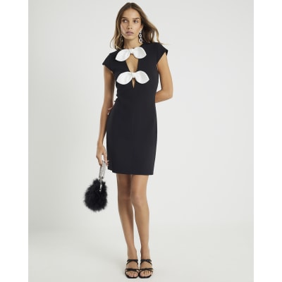 Black Plunge Neckline Bow Mini Dress