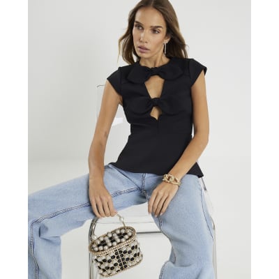 Black Plunge Neckline Bow Top