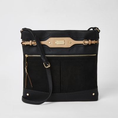 river island black double pocket messenger bag