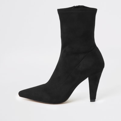 Black pointed heel sock boots