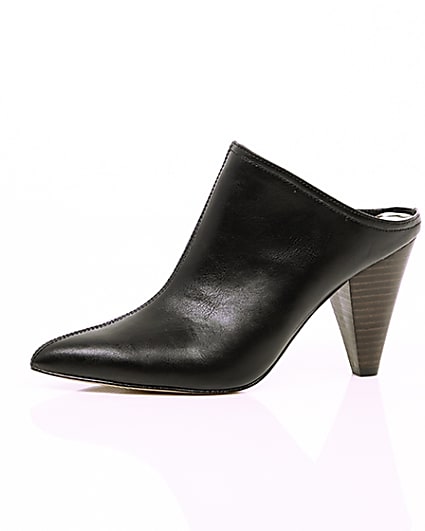 360 degree animation of product Black pointed toe cone heel mules frame-23