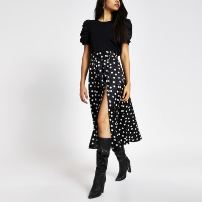 black polka dot maxi skirt