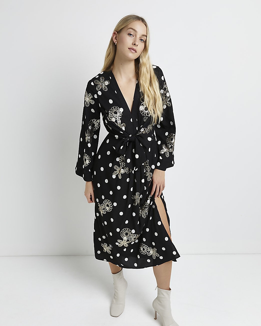 Black polka dot embroidered midi dress