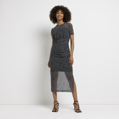 River Island Womens Black Polka Dot Mesh Bodycon Midi Dress