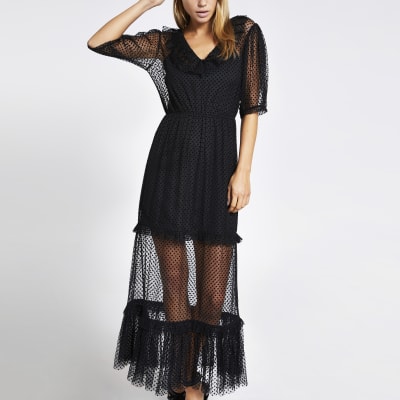 mesh frill dress black