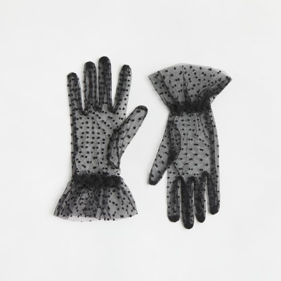 Black polka dot mesh gloves River Island