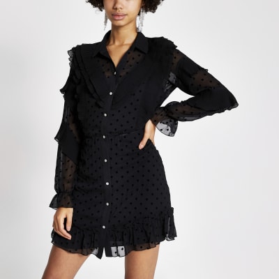 black frill shirt dress