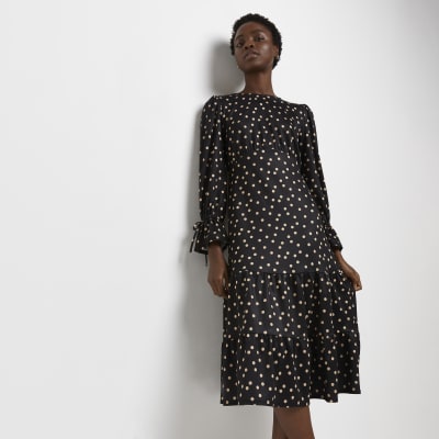 black polka dot midi dress