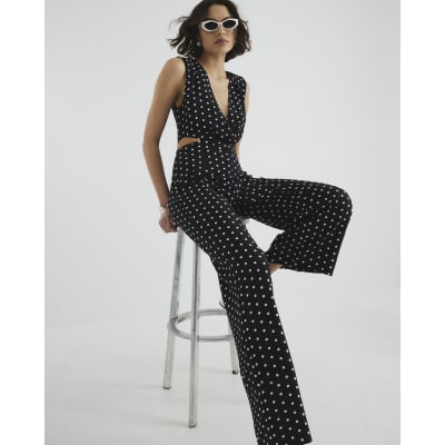 Black Polka Dot Plunge Jumpsuit