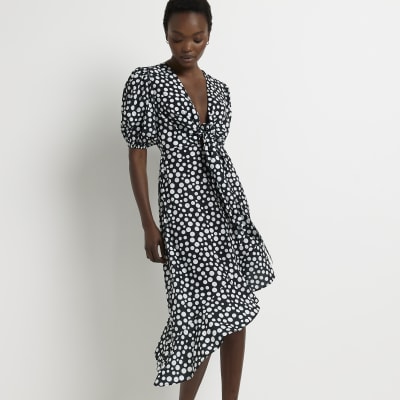 POLKA DOT PRINT MIDI DRESS - Black