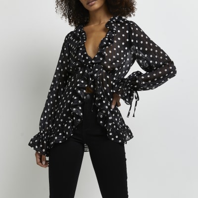 Black polka dot sheer blouse