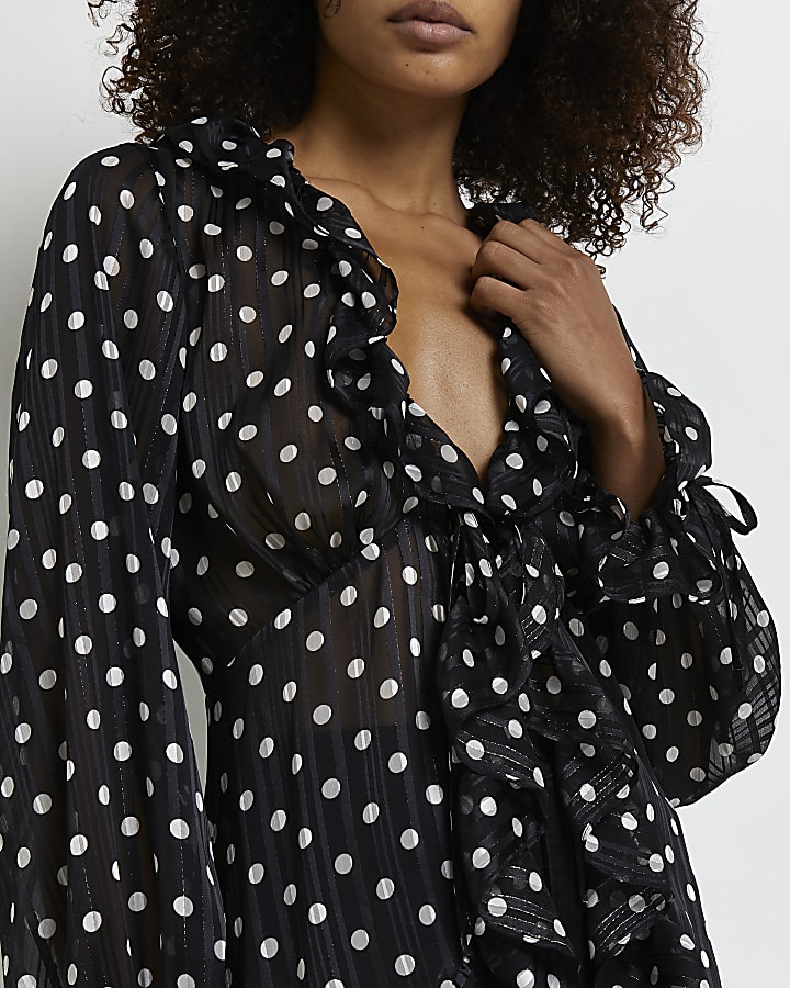Black polka dot sheer blouse