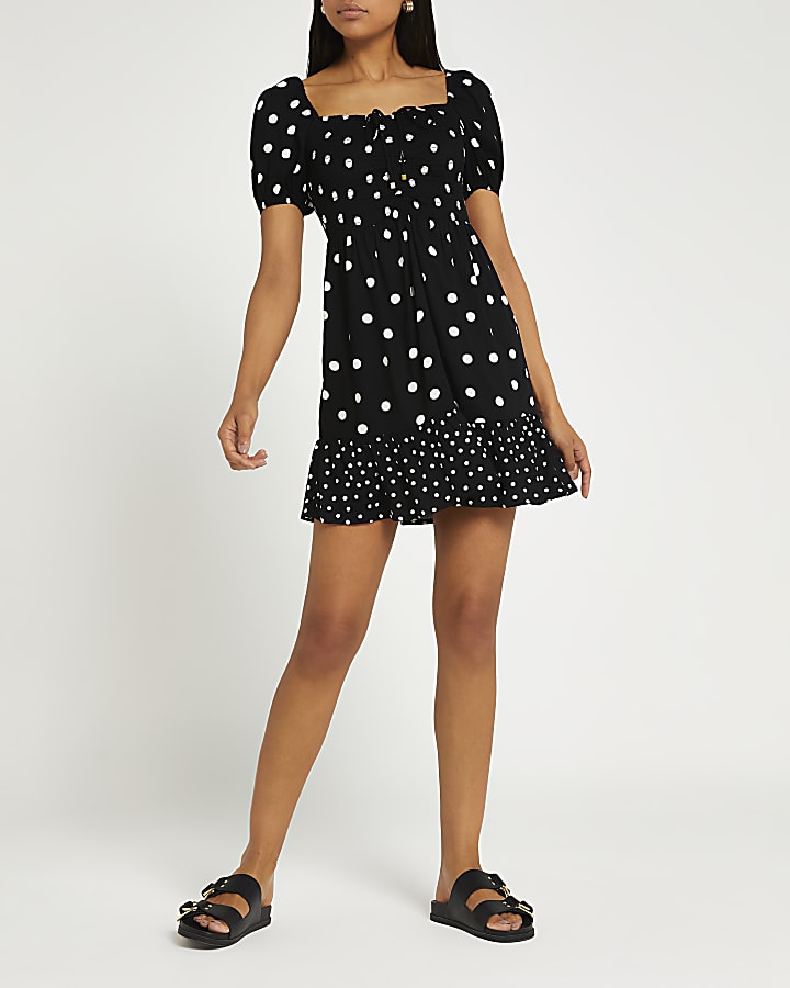 Black polka dot shirred mini dress