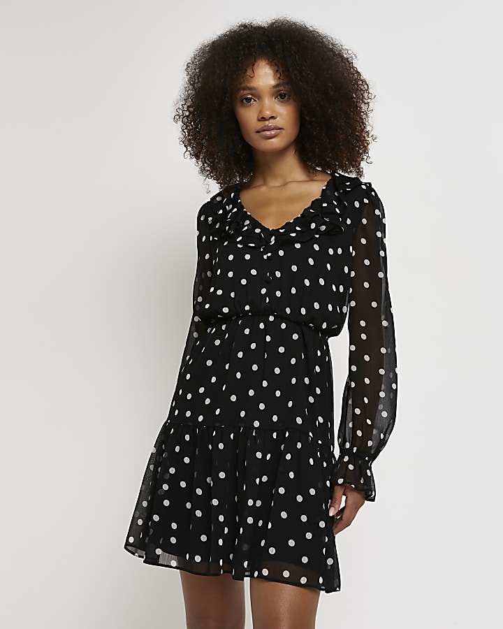 Black polka dot skater mini dress