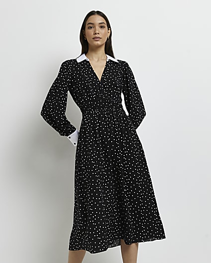 Black polka dot swing midi dress