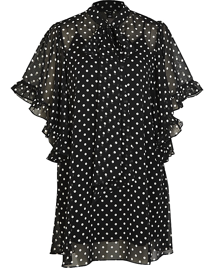Black polka dot tie neck mini dress