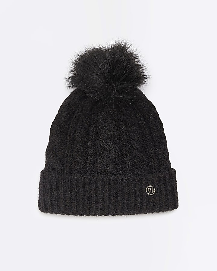 Black pom pom cable knit beanie hat
