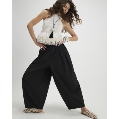 Black Poplin Barrel Leg Trousers