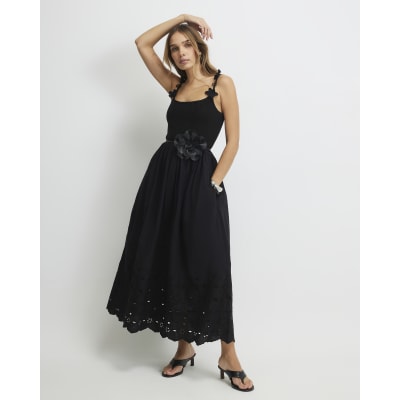 Black Poplin Broderie Flower Midi Dress | River Island
